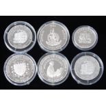 Great Britain, six silver proof coins, to include; 1994 Vanuato 50 vatu, 1994 Cayman Islands dollar,