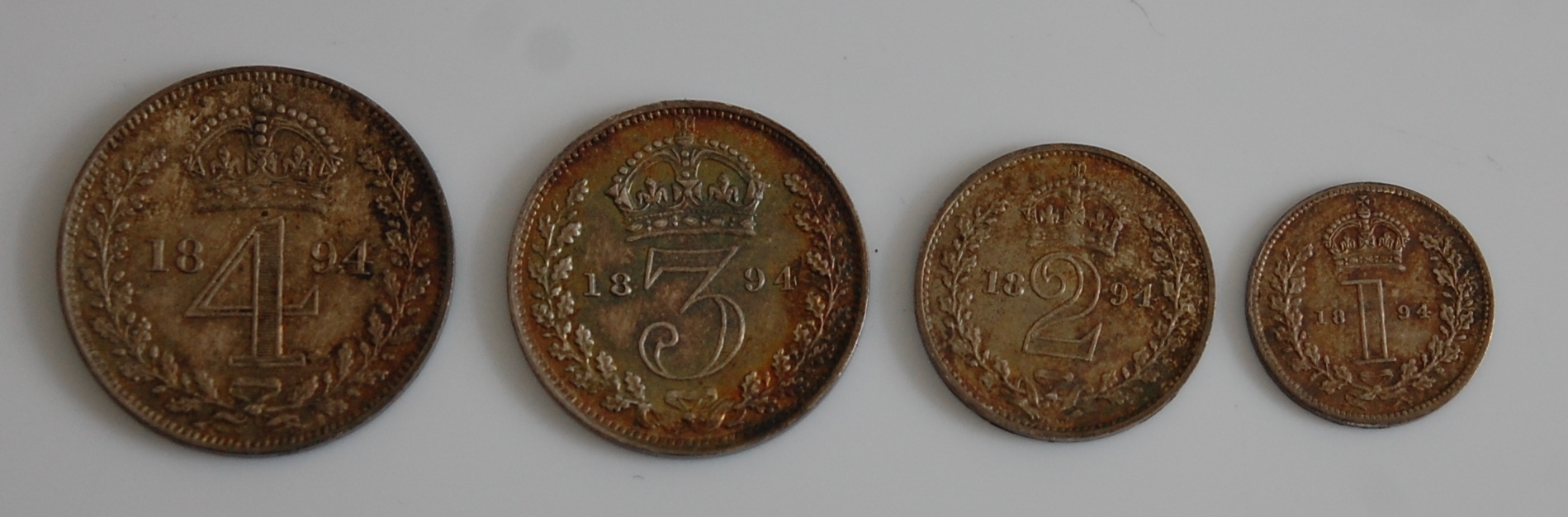 Great Britain, 1894 Maundy money four-coin set, Queen Victoria veil-head, rev.