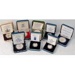 Great Britain,eight various cased silver proof coins, to include; 2x 1989 one pound coins,