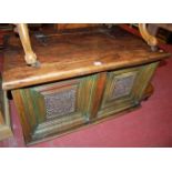 A hardwood low metal bound hinged top chest, w.92cm