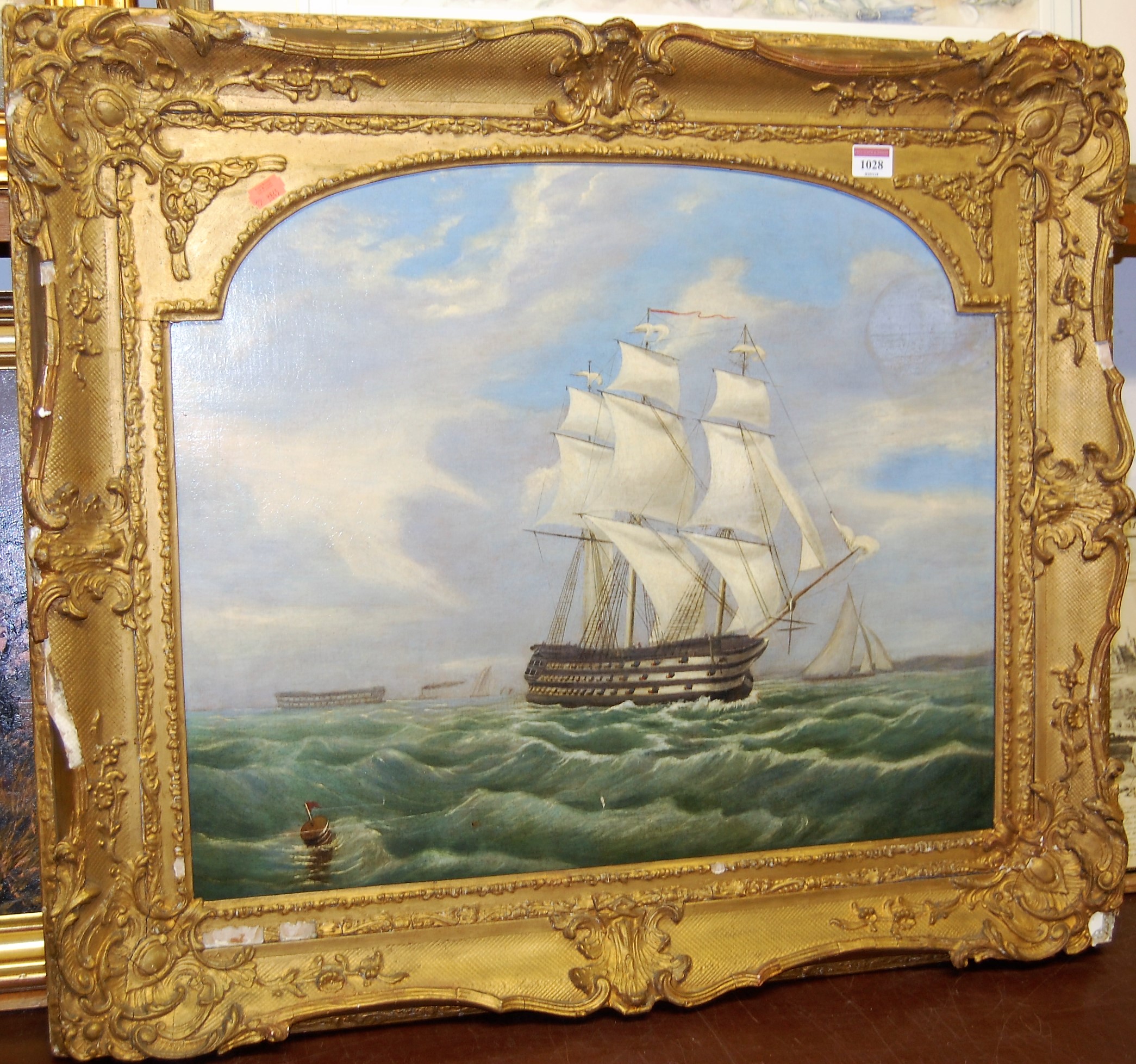 19th century school - Three-masted gunship in choppy seas, oil (re-lined), 48 x 59cm