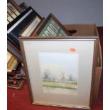 A box of assorted pictures and prints, framed cigarette cards etc