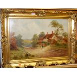 G Turner - Rural scene with figures driving sheep before thatched cottages, oil on canvas (re-