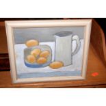 Three original contemporary still life studies, two monogrammed MF, oils