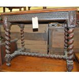 An early 20th century carved oak and barley twist turned single drawer side table, width 86cm