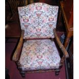 A pair of William & Mary style oak framed and geometric floral tapestry upholstered open