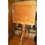 A Victorian mahogany and fruitwood round cornered tilt-top pedestal tripod table, w.51cm