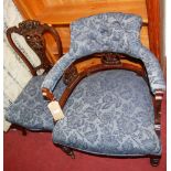 A floral upholstered and buttoned corner chair; an Edwardian walnut tub chair; and a similar low