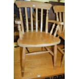 A modern beech slat-back elbow chair; together with a matching pair of kitchen chairs (3)