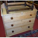 A Victorian pine three-quarter gallery backed chest of three long drawers, w.104cm