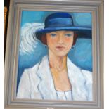 20th century French school - The blue hat, oil on board, 48 x 38cm