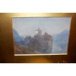 W. Collingwood - Moonlit castle, watercolour, 13 x 18cm; and a faux mahogany framed oval wall mirror