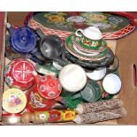 A box of miscellaneous items to include toleware, hot water jug, various tea wares etc