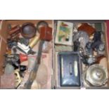 Two boxes of miscellaneous items, to include entrée dish and cover, silver plated biscuit barrel,