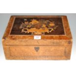 A 19th century walnut and satinwood inlaid sewing box, the hinged lid revealing fitted interior,