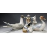 Five various Lladro porcelain ornaments, to include duck with ducklings, cat etc