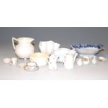 Mixed ceramics, to include dolls house china, Belleek jug and sugar bowl (a/f), crested wares etc