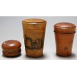 A circa 1900 turned sycamore jar & cover of tapered cylindrical form transfer printed with Windsor