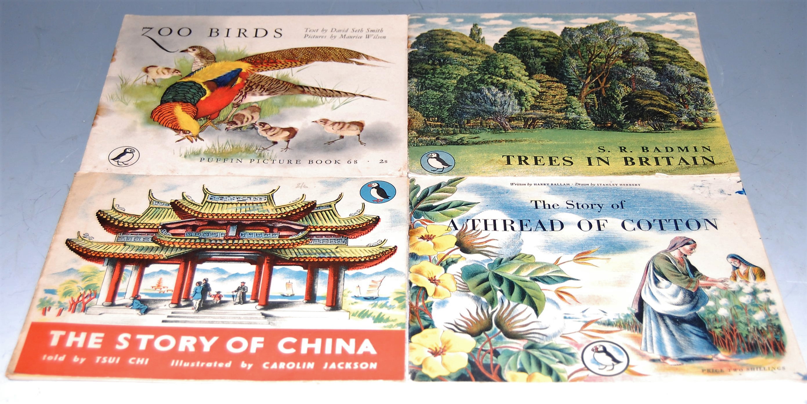 Four Puffin books to include Trees of Britain, Zoo Birds, The Story of China, and The Story of a