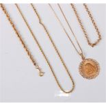 A '585' gold Madonna pendant and chain, (6.8g) together with two 9ct necklaces and a 9ct bracelet (