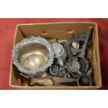 A box of assorted plated wares, to include pedestal compagna urn, pewter ware etc