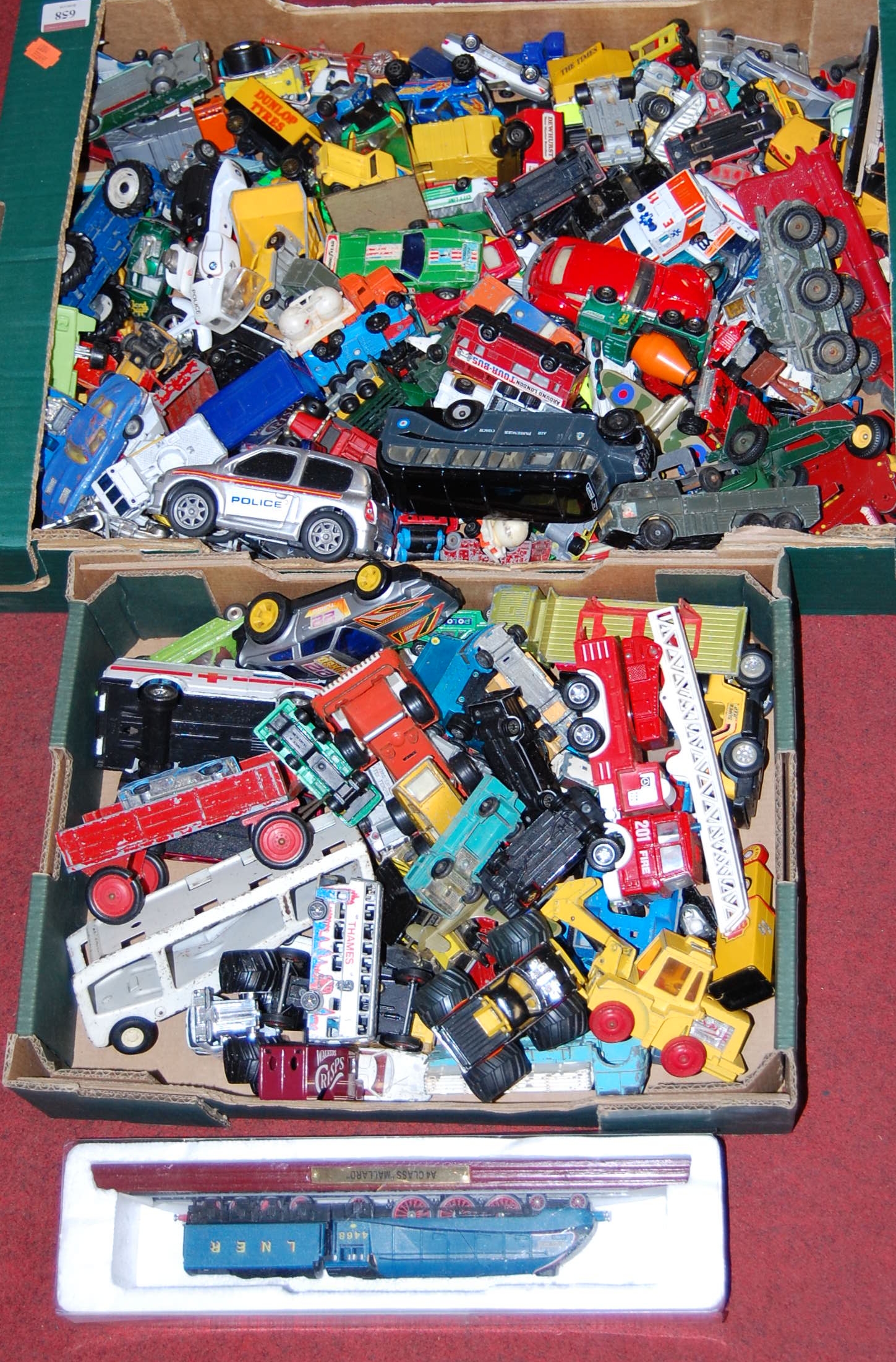Two boxes of assorted loose and playworn diecast toy vehicles, to include Corgi Juniors
