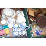 Three boxes of miscellaneous items, to include part Victorian tea service, Wedgwood blue jasper ware