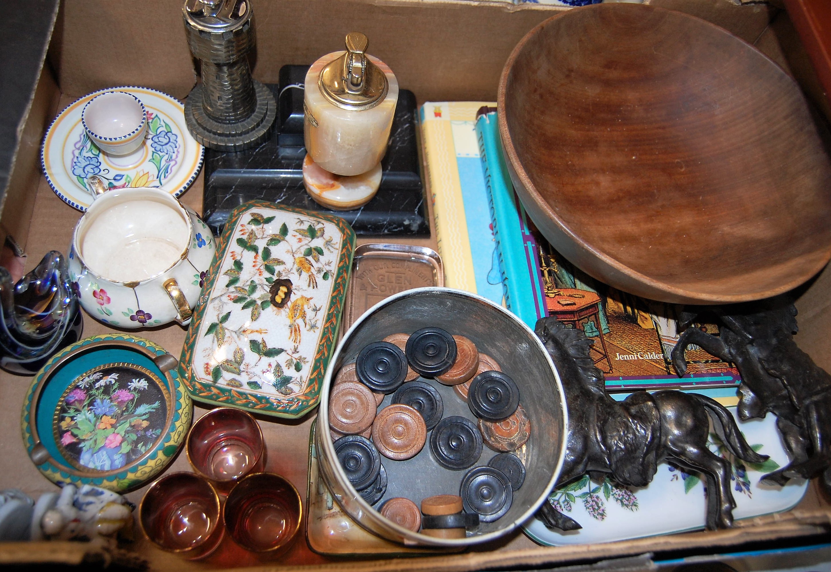 A box of miscellaneous items to include cloisonne ashtray, onyx table cigarette lighter, Poole