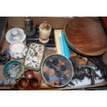 A box of miscellaneous items to include cloisonne ashtray, onyx table cigarette lighter, Poole