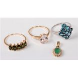 A 9ct five stone diopside ring, a 10k kunzite ring, an emerald and white hardstsone cluster
