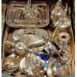 A box of assorted plated wares, to include entrée dish, cake basket, egg cruet etc