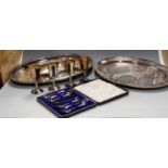 Sundry plated wares, to include Mappin & Webb meat platter, hos d'oeuvre dish, cased set of six