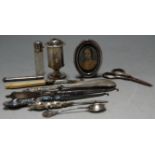 A small collection of assorted silver and silver plate ot include cut glass scent bottle with silver