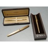 A Parker Falcon fountain pen together with a classic ballpoint pen and a rolled gold fountain pen (