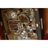 A box of assorted plated wares, to include entrée dish, coasters, three-light candelabrum etc