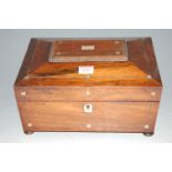 A Victorian rosewood and mother of pearl inlaid sewing box, of sarcophagus form (lacking