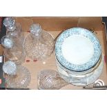 A box of miscellaneous items, to include cut glass ships decanters and stopper, Victorian transfer