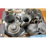 Assorted principally 19th century pewter wares, to include tankards, jugs, plates etc