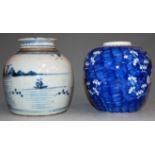 A 19th century Chinese stoneware blue and white ginger jar and cover, h.18cm; together with one