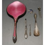 An early 20th century silver and pink guilloche enamelled hand mirror together with a silver mounted