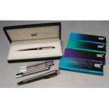A boxed Mont Blanc Meisterstruck fountain pen having yellow metal banding together with various