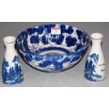 A Japanese blue & white bowl of lobed circular form together with a pair of blue & white bottle