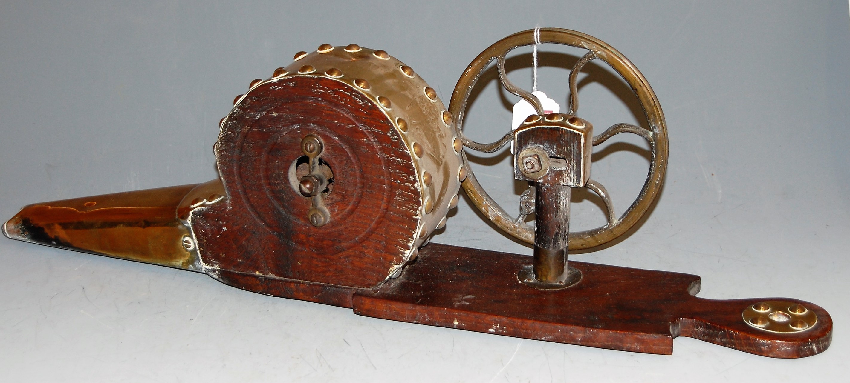 A set of 19th century oak and studded brass wheel bellows, w.60cm