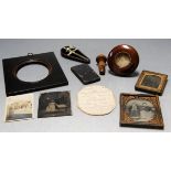 A small collection of miscellaneous items to include various daguerrotypes, cased silver plated tap,