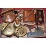 A box of miscellaneous items, to include 19th century copper range kettle, brass warming pan, pair