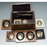 A Victorian rosewood and satinwood crossbanded unfitted box and contents, to include reproduction