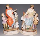 A pair of Continental porcelain allegorical figure groups, each annotated to the plinth 'Plastu' (