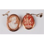 An 18ct mounted oval shell cameo, mount stamped '750', 3.3cm long, with safety chain and a 9ct