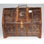 A 19th century and later adapted brass mounted table casket having chip carving, width 39cm