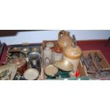Three boxes containing a quantity of mixed metalware and bygones, to include stoneware flagons,